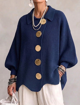 Women's Cardigan | Oversized Lantern Sleeves Scalloped Hem Button Closure