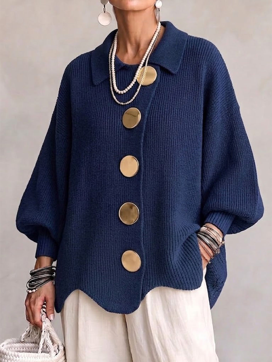Women's Cardigan | Oversized Lantern Sleeves Scalloped Hem Button Closure