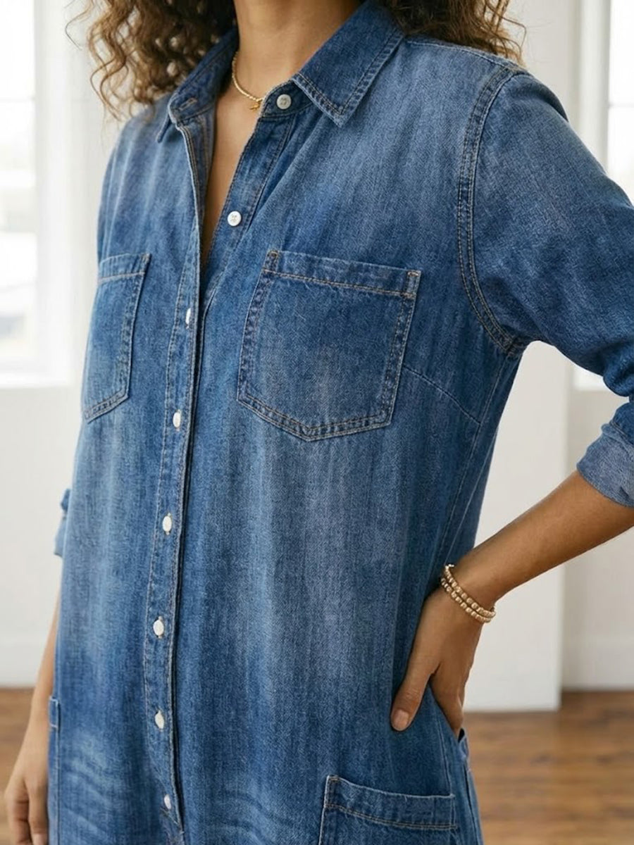Women's Denim Jumpsuit | Button Front Relaxed Fit Wide Leg