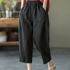 Women's Linen Pants | Elastic Waist Cropped Wide Leg