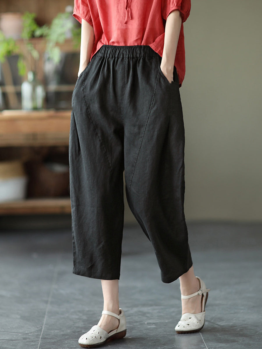 Women's Linen Pants | Elastic Waist Cropped Wide Leg