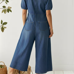 Women's Denim Jumpsuit | V-Neck Short Sleeve Midi Relaxed