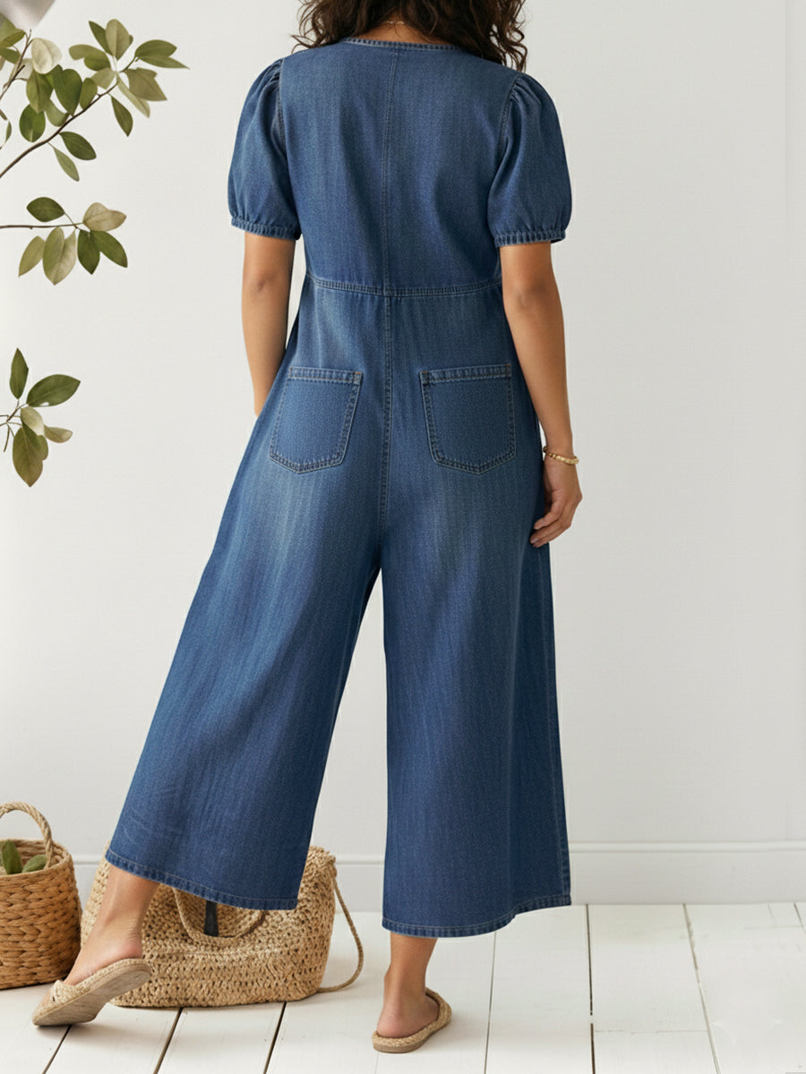 Women's Denim Jumpsuit | V-Neck Short Sleeve Midi Relaxed