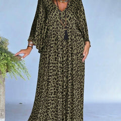 Women's Leopard Print Dress | Maxi V-Neck Long Sleeve Loose