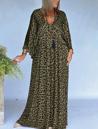 Women's Leopard Print Dress | Maxi V-Neck Long Sleeve Loose