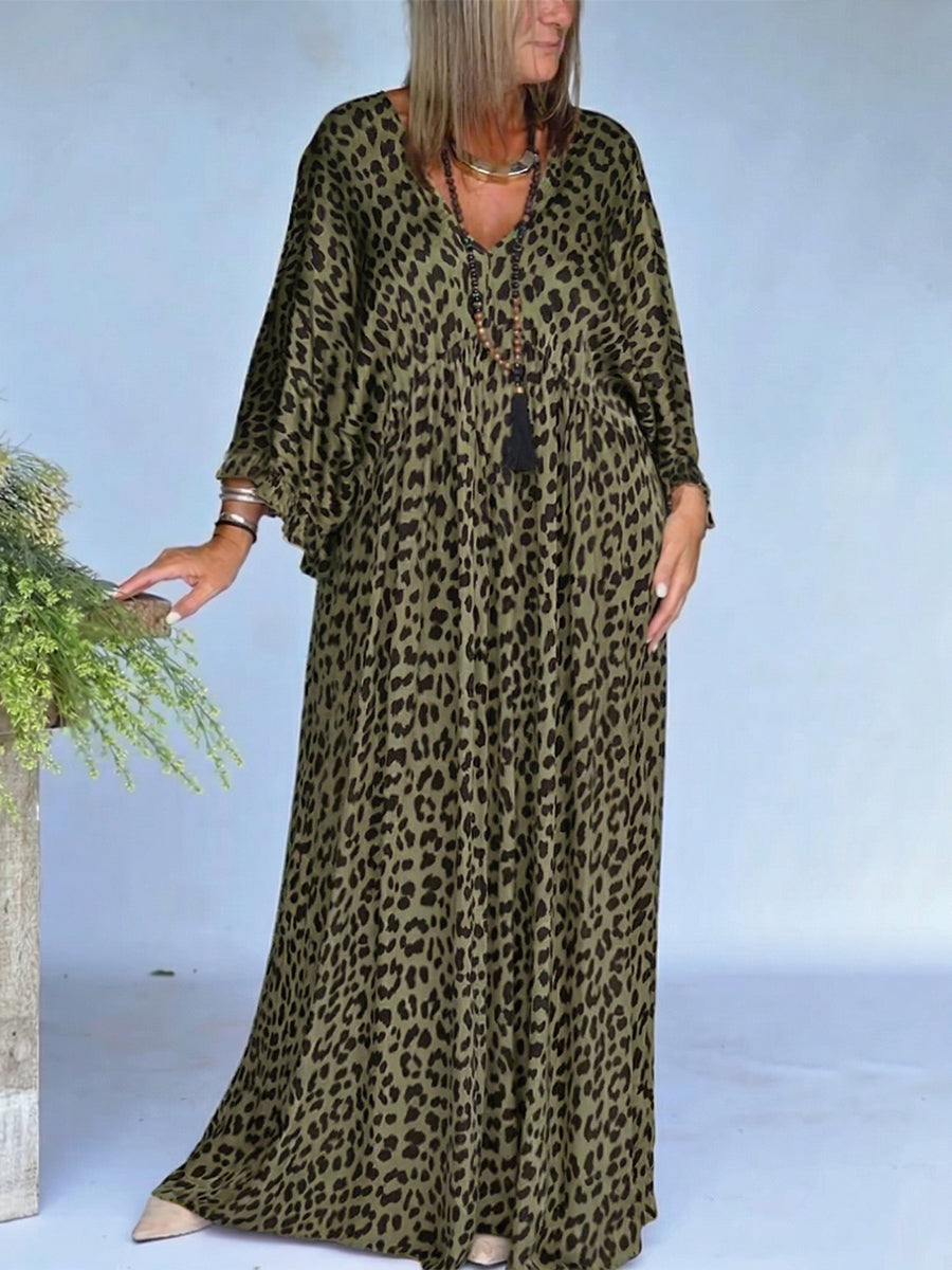 Women's Leopard Print Dress | Maxi V-Neck Long Sleeve Loose