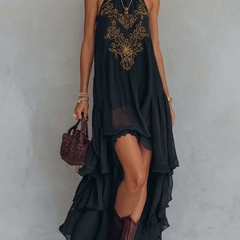 Women's Halterneck Dress | Maxi Irregular Ruffle V-Collar Sleeveless