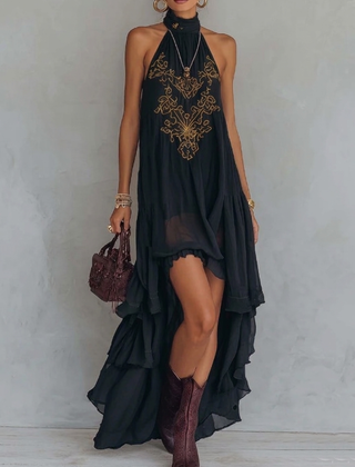 Women's Halterneck Dress | Maxi Irregular Ruffle V-Collar Sleeveless