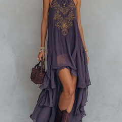 Women's Halterneck Dress | Maxi Irregular Ruffle V-Collar Sleeveless