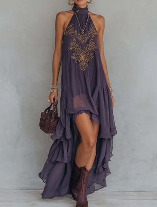 Women's Halterneck Dress | Maxi Irregular Ruffle V-Collar Sleeveless