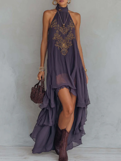 Women's Halterneck Dress | Maxi Irregular Ruffle V-Collar Sleeveless