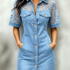 Women's Denim Mini Dress | Collared Short Sleeve Button Closure