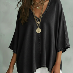 Women's Denim Top | V-Neck Relaxed Fit Three-Quarter Sleeve