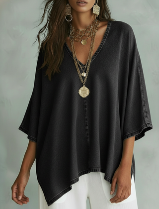 Women's Denim Top | V-Neck Relaxed Fit Three-Quarter Sleeve