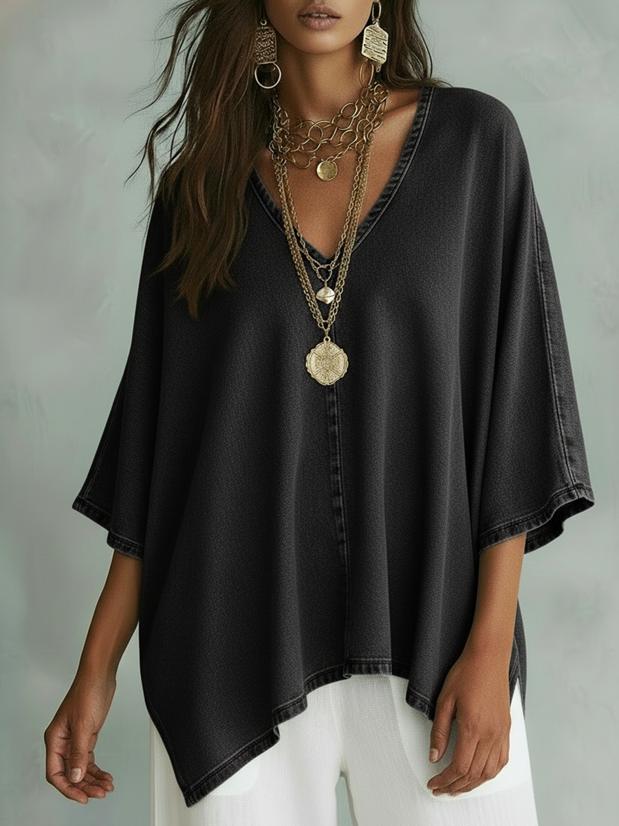 Women's Denim Top | V-Neck Relaxed Fit Three-Quarter Sleeve