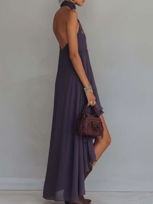 Women's Halterneck Dress | Maxi Irregular Ruffle V-Collar Sleeveless