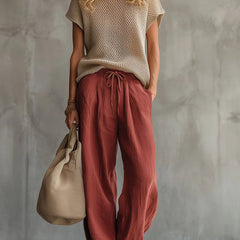 Women's Two Piece Set | Knit Crew Neck Short Sleeve Linen