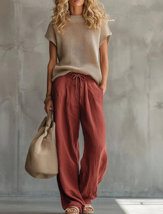 Women's Two Piece Set | Knit Crew Neck Short Sleeve Linen