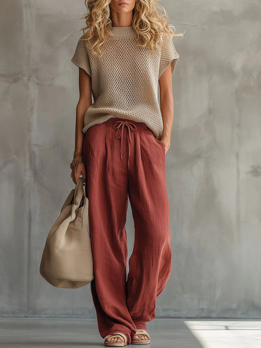Women's Two Piece Set | Knit Crew Neck Short Sleeve Linen
