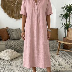 Women's Summer Dress | Midi Collar Short Sleeve Linen