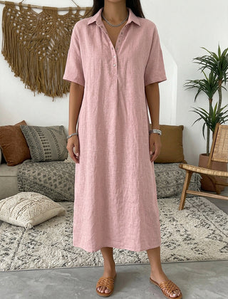 Women's Summer Dress | Midi Collar Short Sleeve Linen