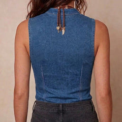 Women's Denim Top | V-Neck Sleeveless Mesh Panel Zip