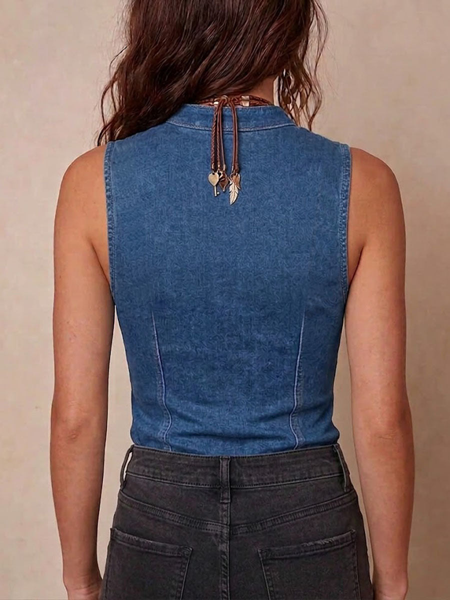Women's Denim Top | V-Neck Sleeveless Mesh Panel Zip