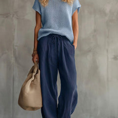 Women's Two Piece Set | Knit Crew Neck Short Sleeve Linen