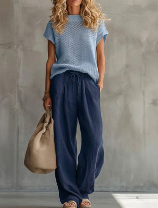 Women's Two Piece Set | Knit Crew Neck Short Sleeve Linen