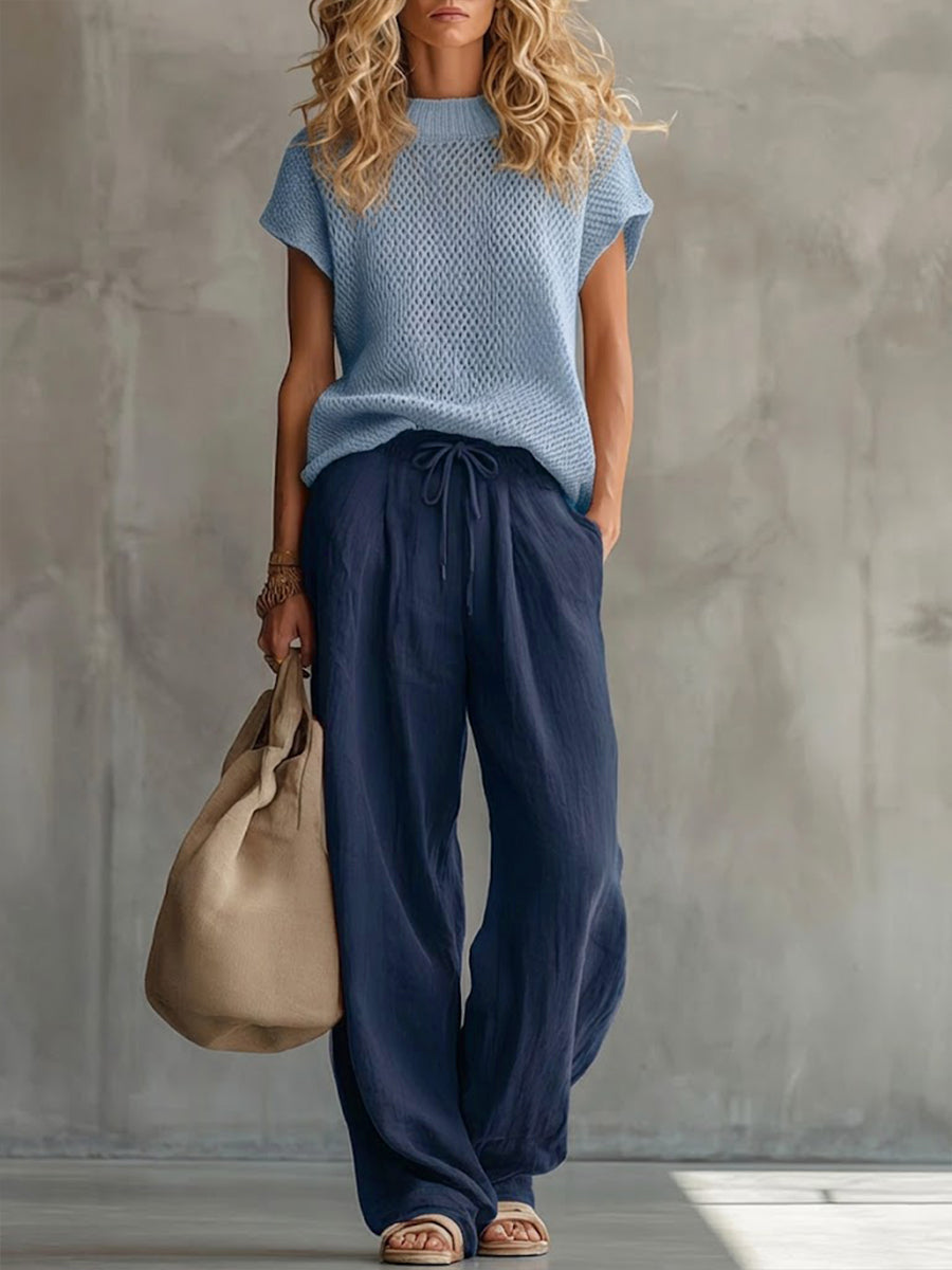 Women's Two Piece Set | Knit Crew Neck Short Sleeve Linen