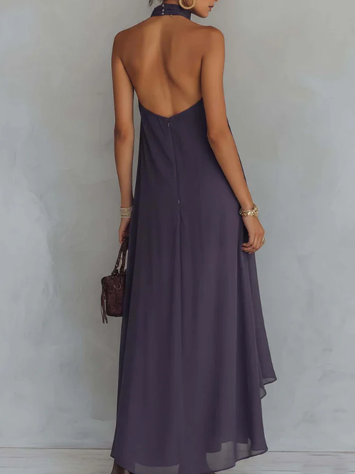 Women's Halterneck Dress | Maxi Irregular Ruffle V-Collar Sleeveless