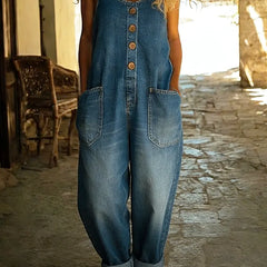 Women's Denim Jumpsuit | Button Front Sleeveless Ankle