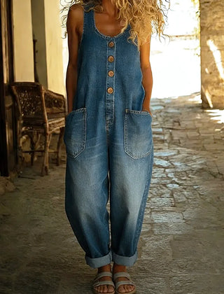 Women's Denim Jumpsuit | Button Front Sleeveless Ankle