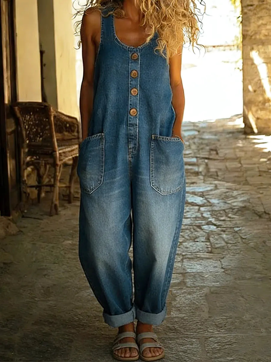 Women's Denim Jumpsuit | Button Front Sleeveless Ankle