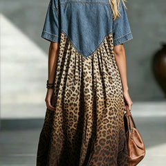 Women's Short Sleeve Dress | Midi Length Denim Leopard Print