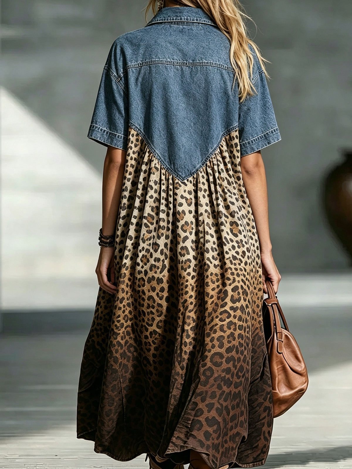 Women's Short Sleeve Dress | Midi Length Denim Leopard Print