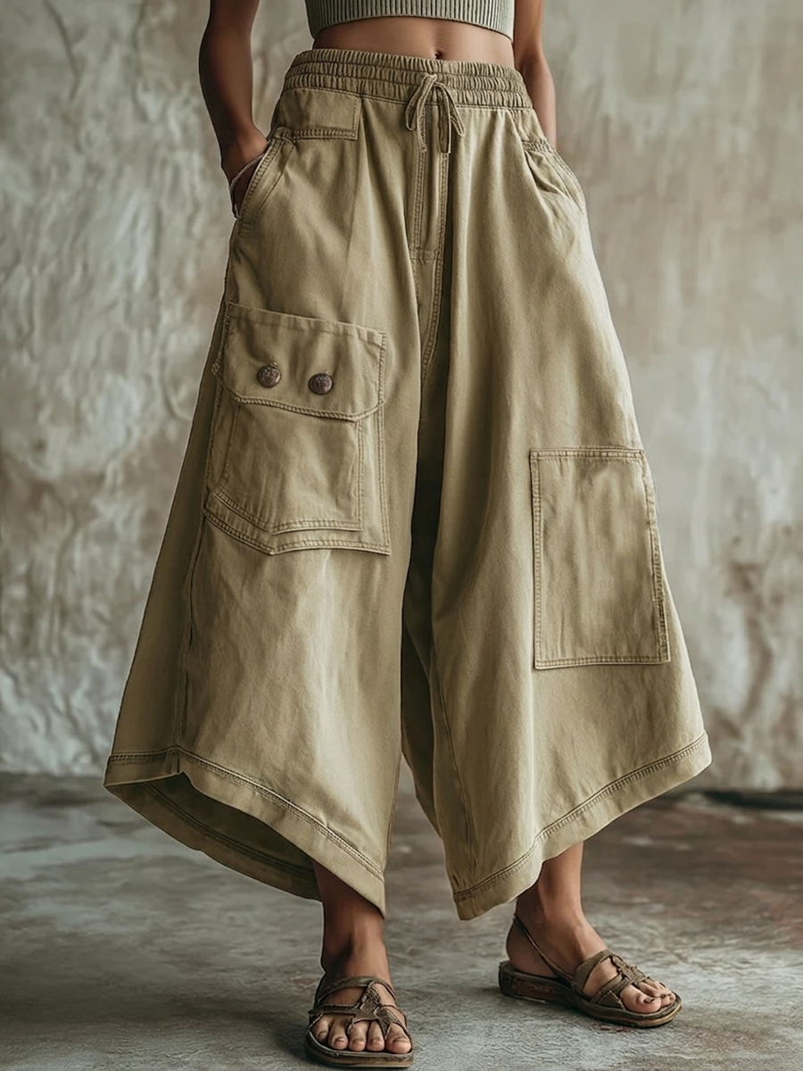 Women's Cargo Pants | Midi Length Drawstring Wide Leg Cotton