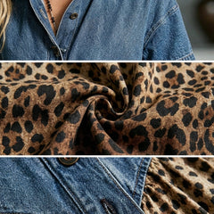 Women's Short Sleeve Dress | Midi Length Denim Leopard Print