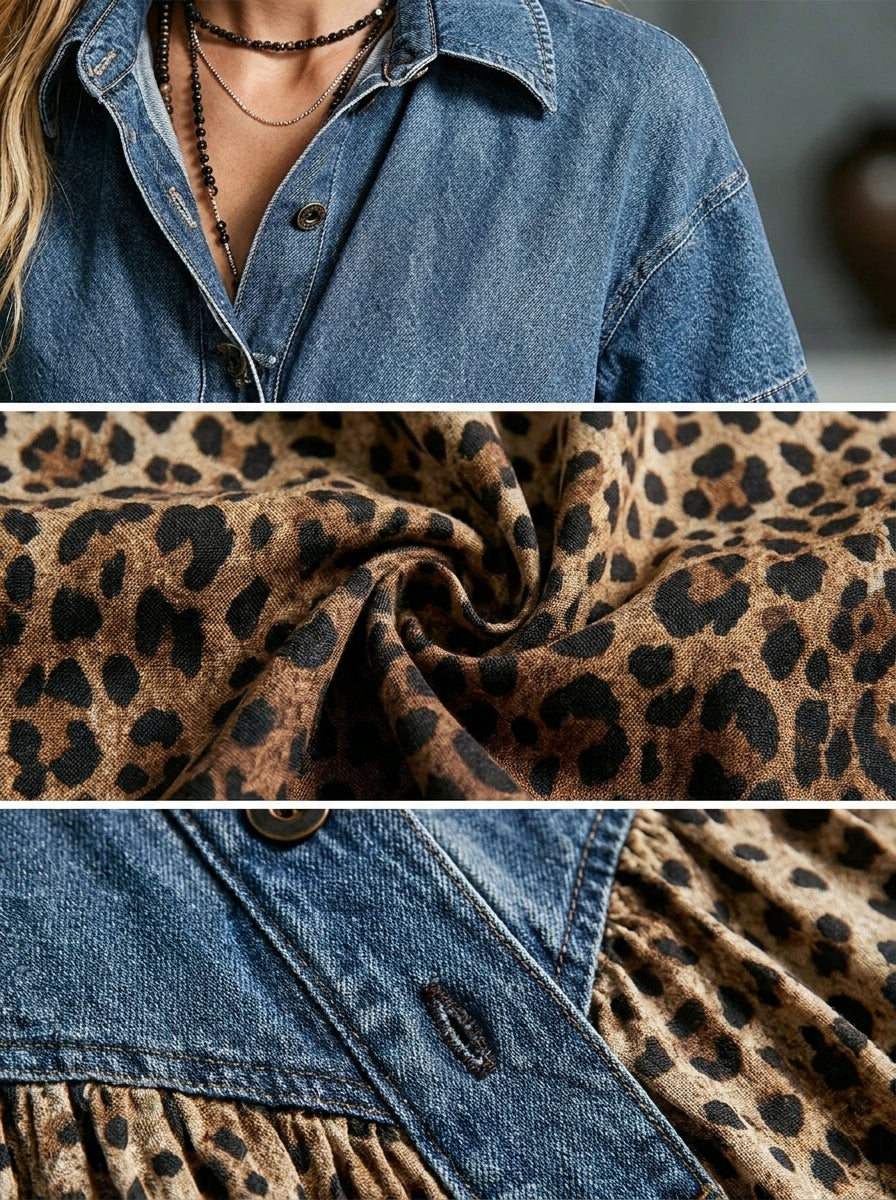 Women's Short Sleeve Dress | Midi Length Denim Leopard Print