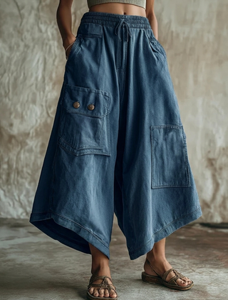 Women's Cargo Pants | Midi Length Drawstring Wide Leg Cotton