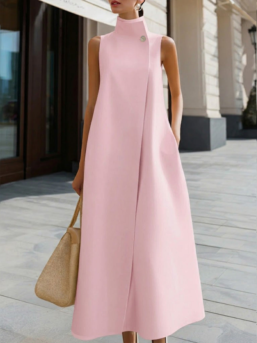 Women's Linen Dress | High Neckline Sleeveless Maxi A-Line