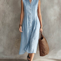 Women's Linen Dress | Midi Pleated Stand Collar Button Front