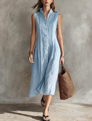 Women's Linen Dress | Midi Pleated Stand Collar Button Front