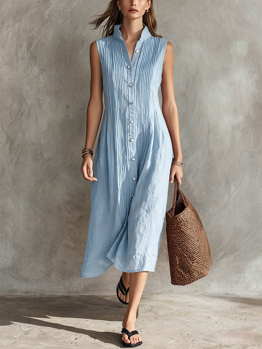 Women's Linen Dress | Midi Pleated Stand Collar Button Front