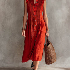 Women's Linen Dress | Midi Pleated Stand Collar Button Front