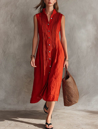 Women's Linen Dress | Midi Pleated Stand Collar Button Front