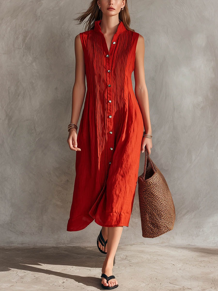 Women's Linen Dress | Midi Pleated Stand Collar Button Front