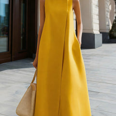 Women's Linen Dress | High Neckline Sleeveless Maxi A-Line