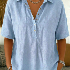 Women's Summer Top | Polo Collar Short Sleeve Cotton Linen