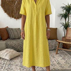 Women's Summer Dress | Midi Collar Short Sleeve Linen